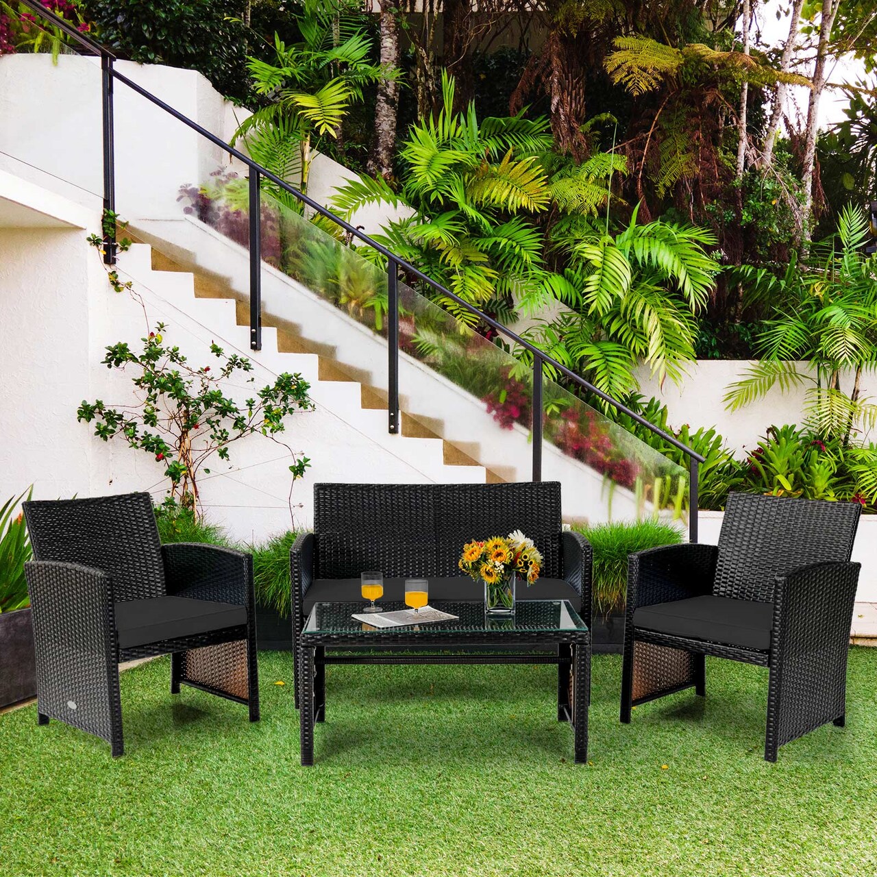 Outdoor Rattan Sofa Set with Cushions and Coffee Table 4-Piece
